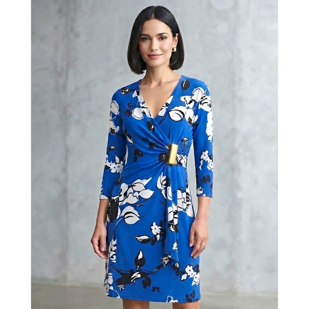 Calvin Klein Blue White Black Floral 3/4 Sleeve Sheath Dress